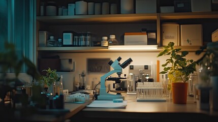Fototapeta premium Microscope in a dimly lit laboratory setting with plants
