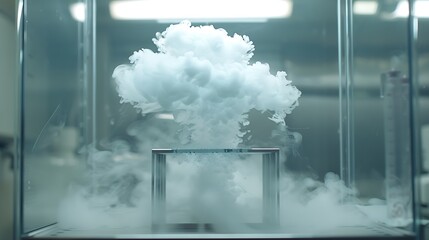 A chemical reaction releasing a plume of smoke inside a fume hood