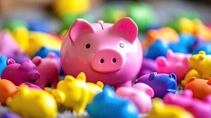 Obraz premium Pink Piggy Bank Amidst Colorful Piggy Bank Collection