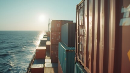 Shipping containers stacked on a cargo ship sailing at sunset over the ocean with vibrant colors and shimmering water