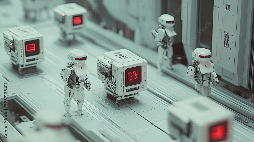 Poster white robots transporting data cubes in futuristic facility