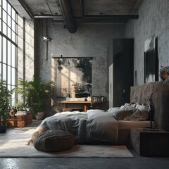 Cozy Urban Loft Interior with Natural Light and Green Plants