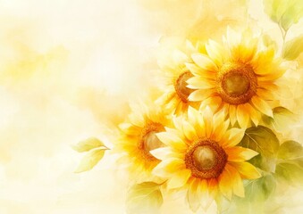 Obraz premium Botanical Illustration of Isolated Watercolor Sunflowers & Green Leaves for Design