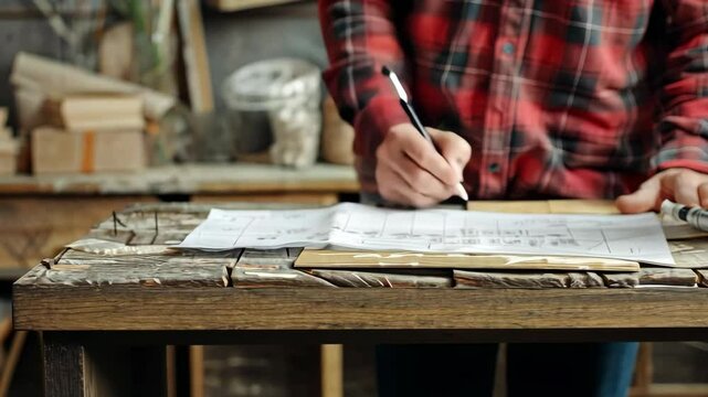 A skilled male carpenter stands beside his work table, focused as he sketches a detailed drawing. Tools are scattered around him, showcasing his craftsmanship and dedication to his craft.