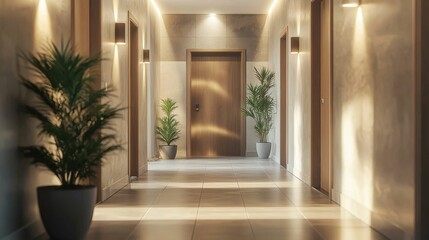 Elegant Modern Hallway with Soft Lighting and Decorative Plants