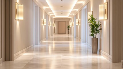 Obraz premium Elegant and Modern Hotel Corridor with Soft Lighting and Plants