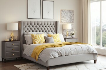Fototapeta premium Elegant Grey Upholstered Bed with Yellow Accents in Modern Bedroom