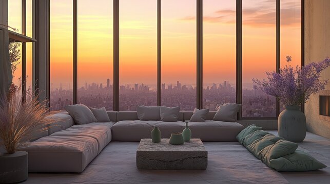 A serene living room with panoramic windows capturing a serene peach and lavender sunset over the city