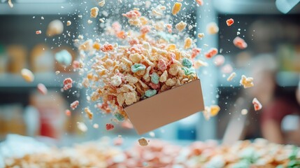 A captivating scene of vibrant cereal flakes bursting from a cardboard box, suspended in mid-air, illustrating the joy and excitement of breakfast time or a snack treat.