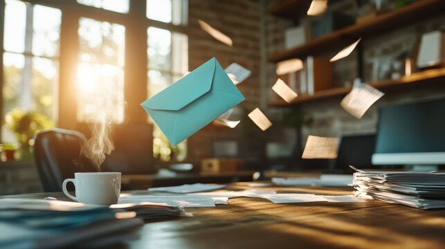 An artistic depiction of a floating teal envelope surrounded by scattered papers in a sunlit workspace, symbolizing creativity, inspiration, and the exchange of thoughts.