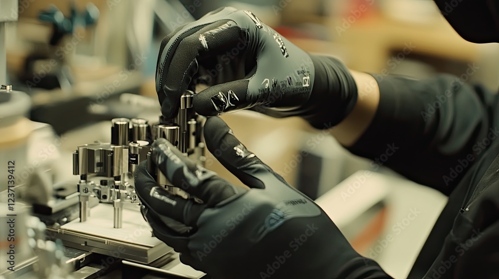 Poster gloved hands carefully assembling precision machine components