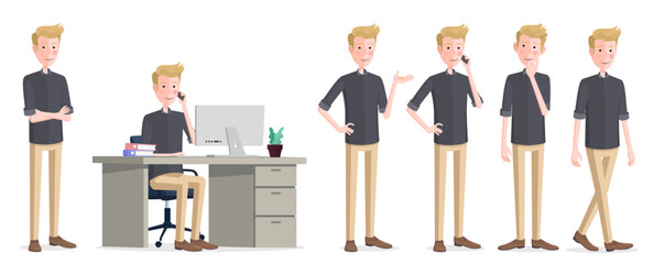 Cartoon Businessman Character in different poses, Sitting on Office Chair, Arms Folded, Thinking, Showing, Walking Premium Vector