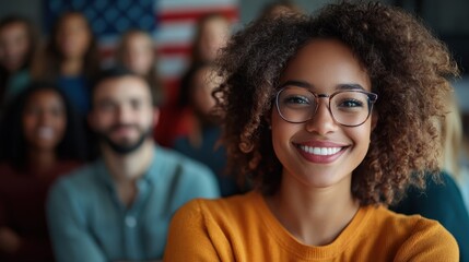 Obraz premium A cheerful woman with curly hair and stylish glasses smiles confidently in front of a blurred group, representing individuality within a diverse community setting.