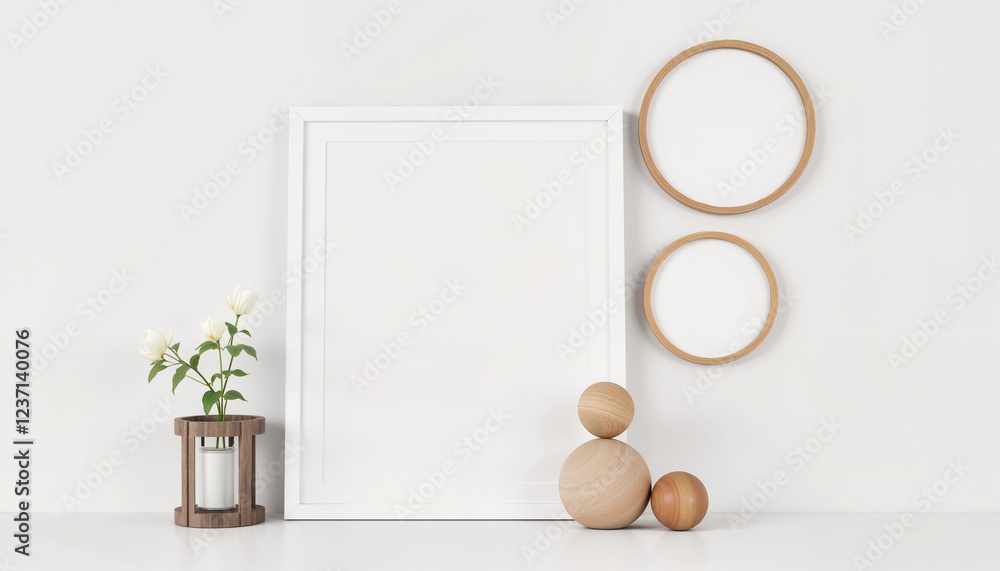 Poster minimalist decor with wooden elements and empty frames