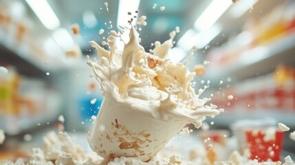 Fototapeta premium A dynamic splash of creamy goodness erupts from a cup, visually expressing joy and indulgence while highlighting the vibrant shopping environment of an ice cream aisle.