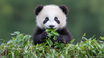 Fototapeta premium Cute panda cub eating leaves in lush greenery