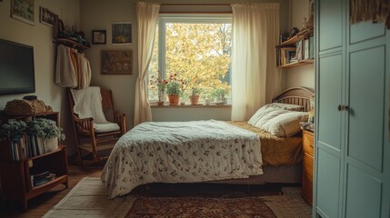 A charming bedroom with wooden furnishings, a comfortable bed with patterned comforter, curtains for privacy, and warm tones.