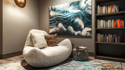 A cozy reading nook featuring a large sculptural wall art piece that creates a focal point, adding depth to the space and inviting relaxation and creativity. Sculptural Depth. Illustration