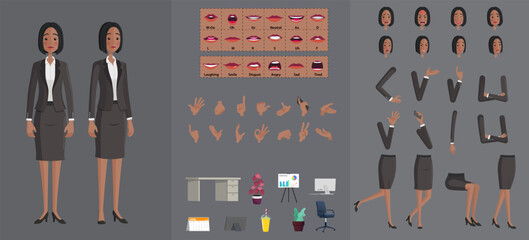 Stylized Black Businesswoman Character Creation Set, Cartoon woman Wearing Black Suit with Movable Joints for rigging and Animation, Lip-sync, Hand Gestures, Emotions and Poses, Premium Vector