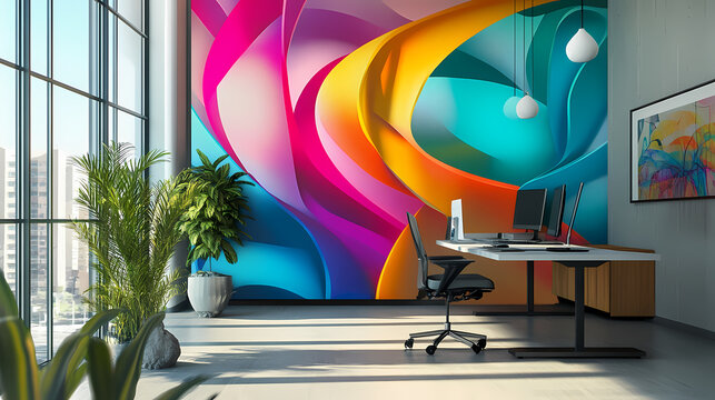 A contemporary office space adorned with abstract sculptural wall art, showcasing depth and perspective, contributing to a creative and inspiring work environment. Sculptural Depth. Illustration