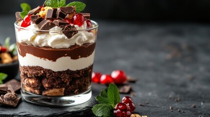 This rich chocolate parfait showcases layers of velvety chocolate, cream, and cherries, creating a beautiful dessert that's both visually stunning and deeply satisfying.