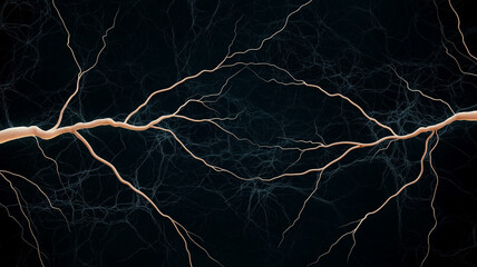 Electric currents on a dark background, abstract energy flow, lightning strike effect, high-voltage power, neural network visualization, AI intelligence concept, futuristic design.