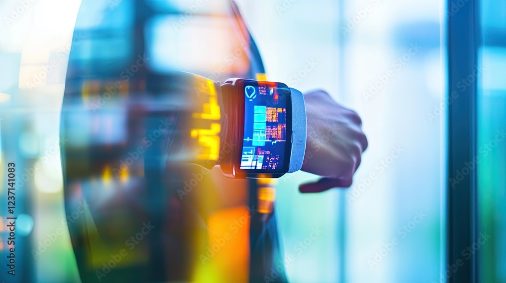 Poster futuristic smartwatch displaying data on a wrist
