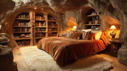 Cave Bedroom With Built In Bookshelves And Warm Lighting