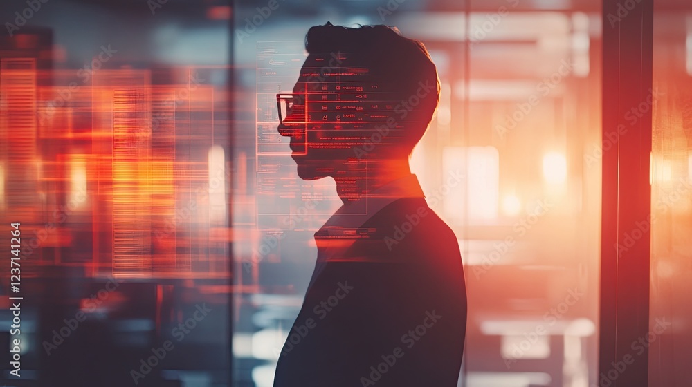 Poster silhouette of a person overlaid with digital data streams