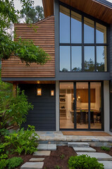 Fototapeta premium Modern Architectural Design: Luxurious Contemporary Home Exterior with Stunning Stone and Wood Details