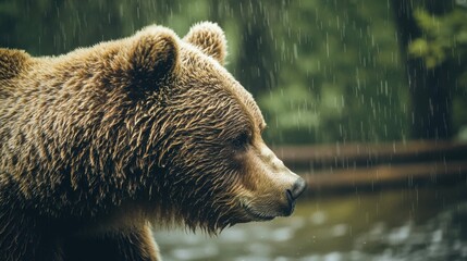 Obraz premium Majestic Brown Bear in Rainy Forest Setting with Soft Focus Background