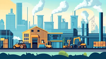 Obraz premium Industrial Cityscape Featuring Warehouses and Heavy Machinery