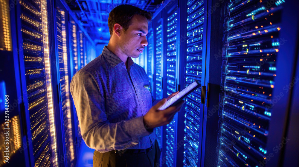 Poster focused professional in dimly lit server room illuminated by glowing data racks for technology desig