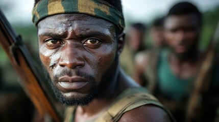 A powerful portrayal of a determined warrior gazing into the distance, embodying resolve and strength against the backdrop of nature, emphasizing themes of battle and courage.