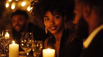 Woman smiles at a candlelit dinner with friends