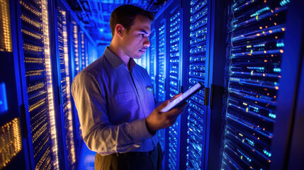 Fototapeta premium Focused Professional in Dimly Lit Server Room Illuminated by Glowing Data Racks for Technology Design