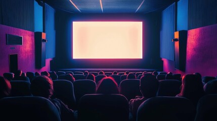 Obraz premium Empty cinema interior with glowing screen and audience silhouettes