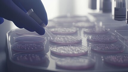 Gloved hand pipetting samples into petri dishes for scientific research