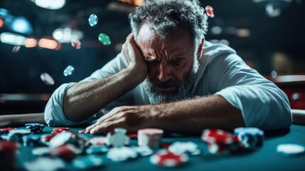 A disheveled man rests his forehead on the gaming table, overwhelmed by his losses as poker chips scattered around him embody his recent gambling turmoil and despair.