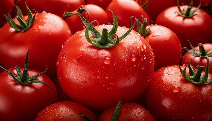 a red historical past showcases a mound of ripe tomatoes each crowned with water droplets