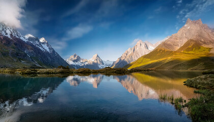 Obraz premium lovely landscape with mountains reflecting inside the water of a lake