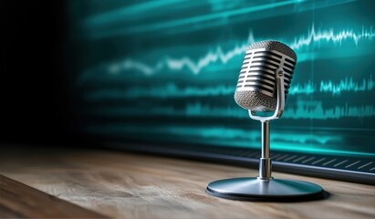 Vintage Microphone on Desk with Audio Waveform Background: Perfect for Podcast, Radio, and Voice Recording Projects