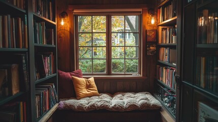 Cozy Reading Nook with Natural Light and Abundant Bookshelves