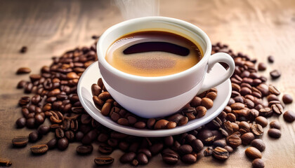 Fototapeta premium a white coffee cup filled with freshly brewed coffee sits atop a mound of roasted espresso beans on a light heritage replica space