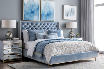 Elegant Blue Velvet Bedroom Suite With Artwork