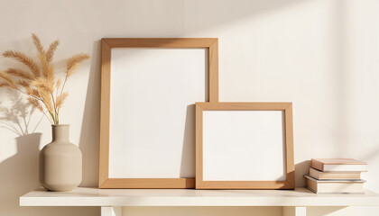 Empty wooden frames on a shelf with a vase and books