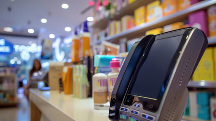 Modern Retail Checkout with Contactless Payment Terminal in a Bright Store Environment