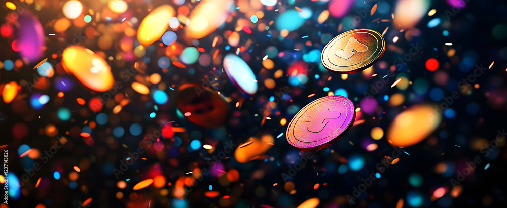 Poster dynamic burst of colorful coins and particles in vivid motion