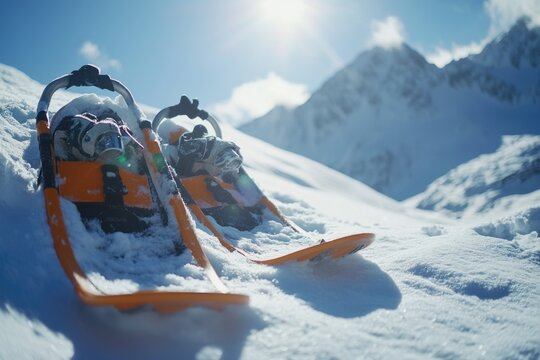 Cross-country skiing equipment in snowy mountainous landscape.