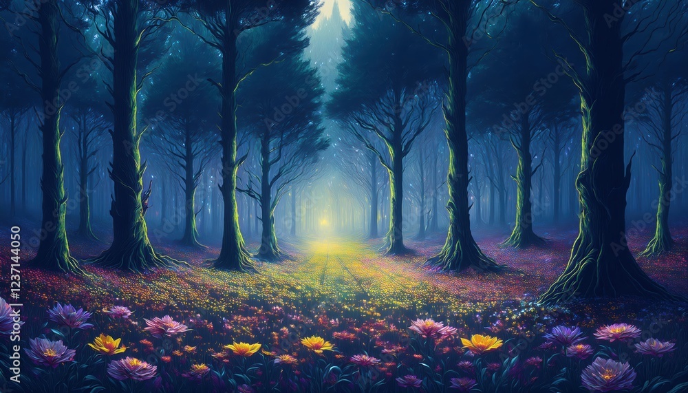 Aufkleber dark forest transforms into a mysterious void as vibrant flowers illuminate the path leading to a gl